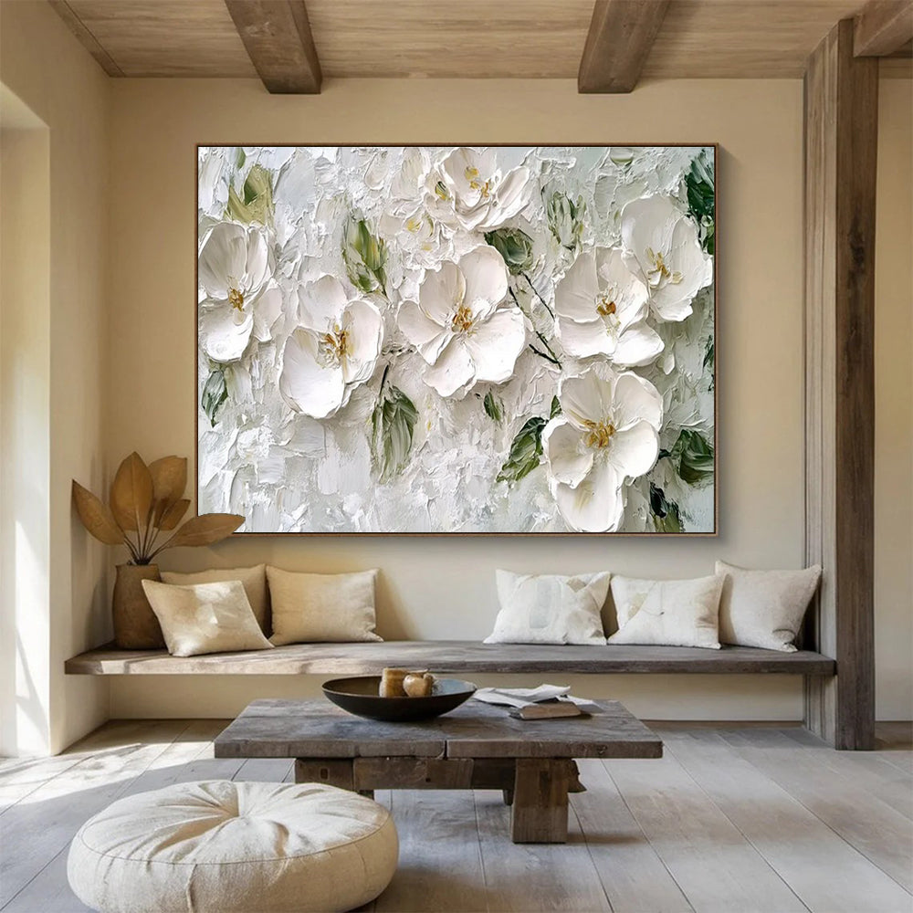 White Floral Texture Abstract Painting with Subtle Green Accents THY304