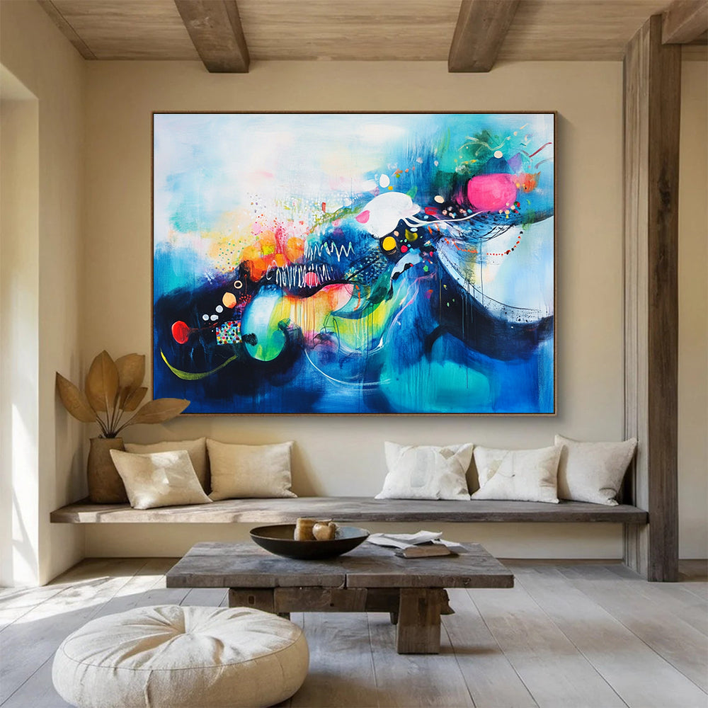 Colorful Blue Abstract Painting with Whimsical Elements DYP383