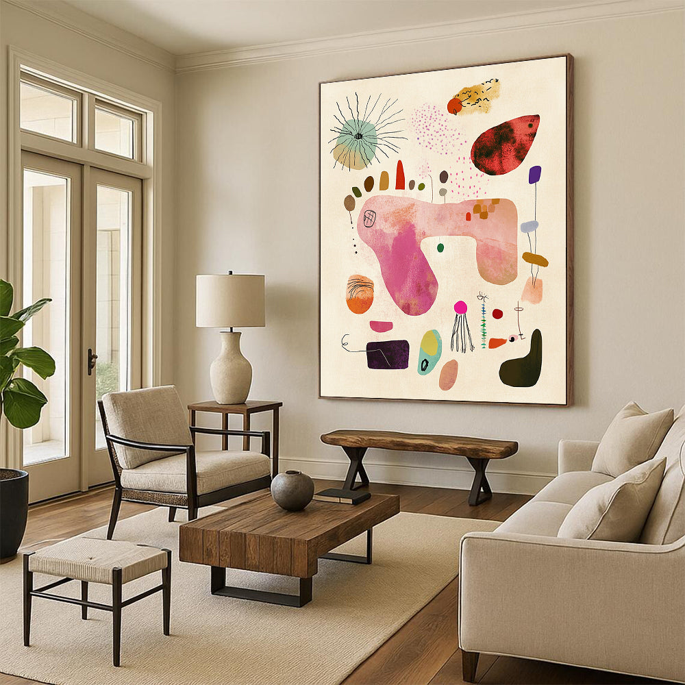 A large abstract painting featuring whimsical shapes and textures in soft pastel colors evoking joy and a carefree spirit on light beige paper.STSC1236