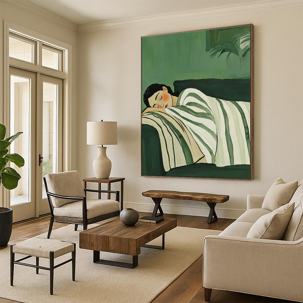 Abstract painting of a woman sleeping on a couch wrapped in a white and green striped blanket on a muted green background.STSC1264
