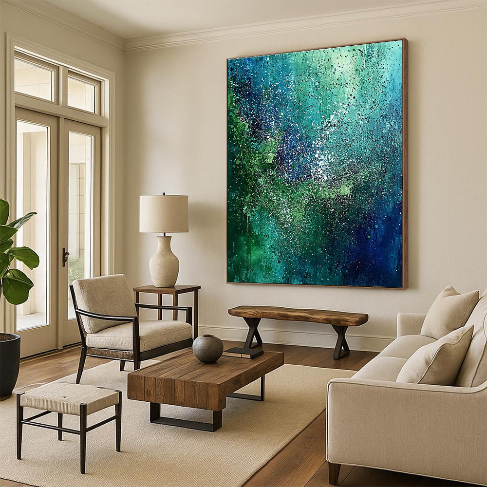 Abstract painting with green and blue hues featuring pointillist dots forest patterns and sparkling accents on a dark sky-blue backdrop.STSC066