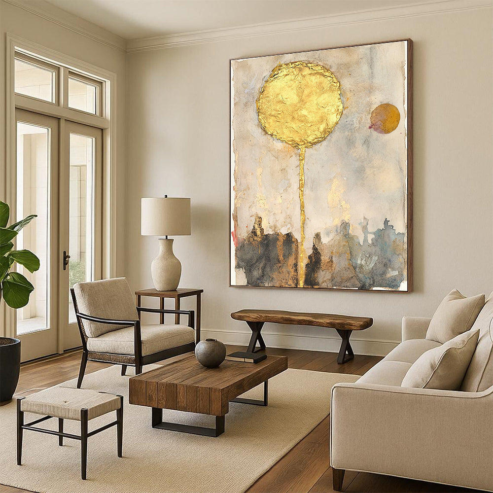Abstract artwork featuring watercolor sun with gold leaf mixed media collage vintage papers and neutral tones inspired by John Bauer.STSC1461