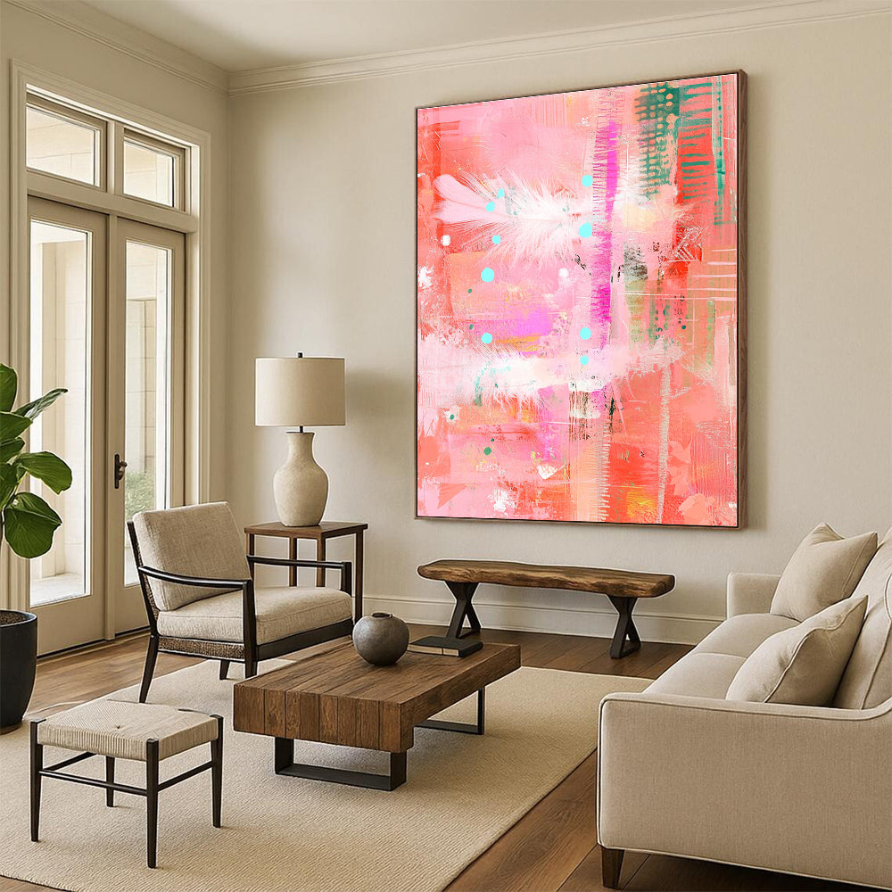 Large abstract painting featuring pastel pinks and reds with feathers dots and lines in a mixed media collage style on a textured pink background.STSC455