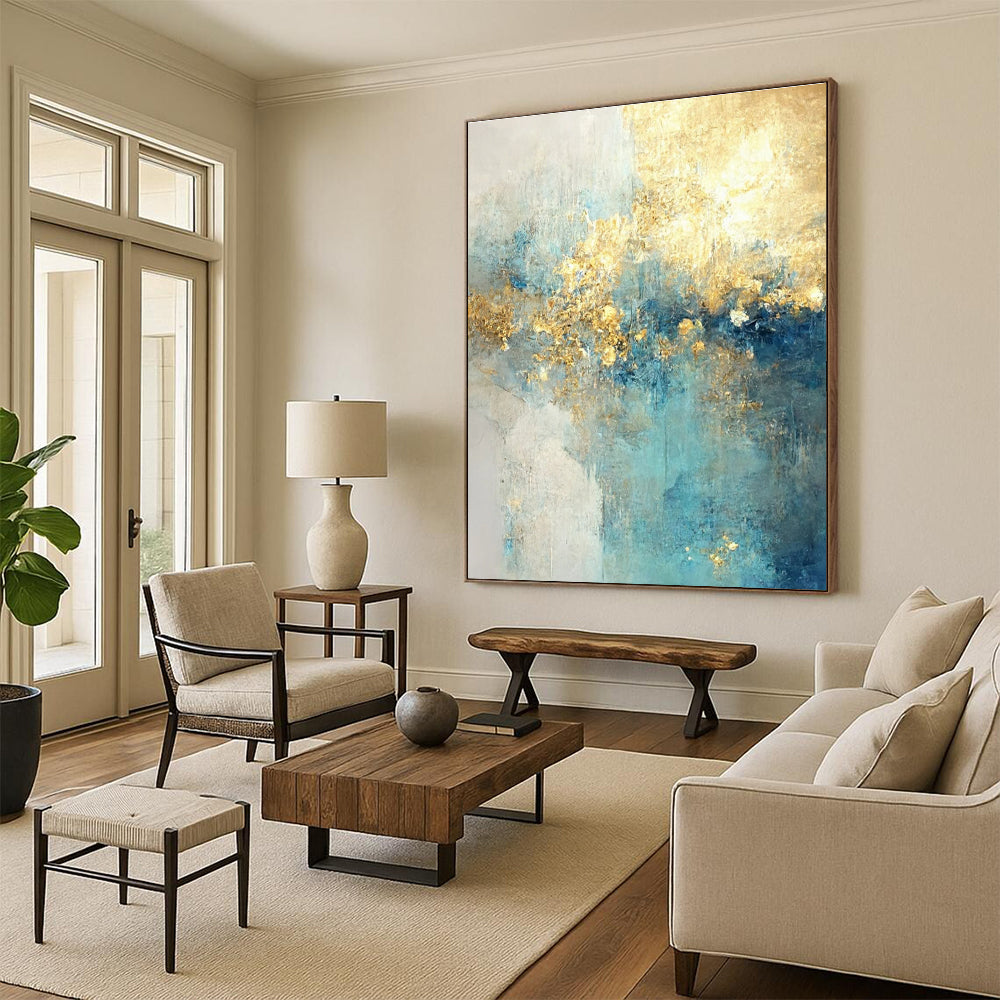 Light Blue and Gold Abstract Painting with Ethereal Textures ADGE077