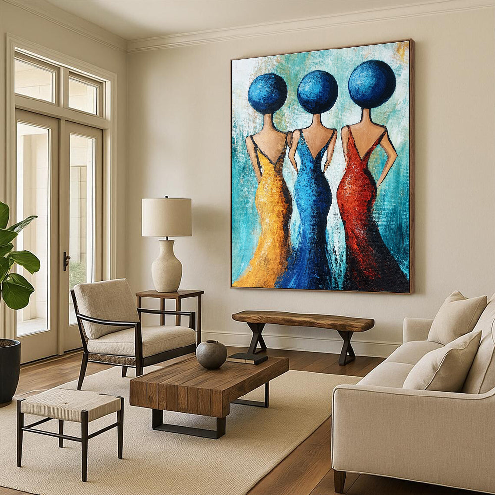 Large abstract acrylic painting featuring three women in evening dresses adorned with blue spheres against a turquoise background in full-body view.STSC005