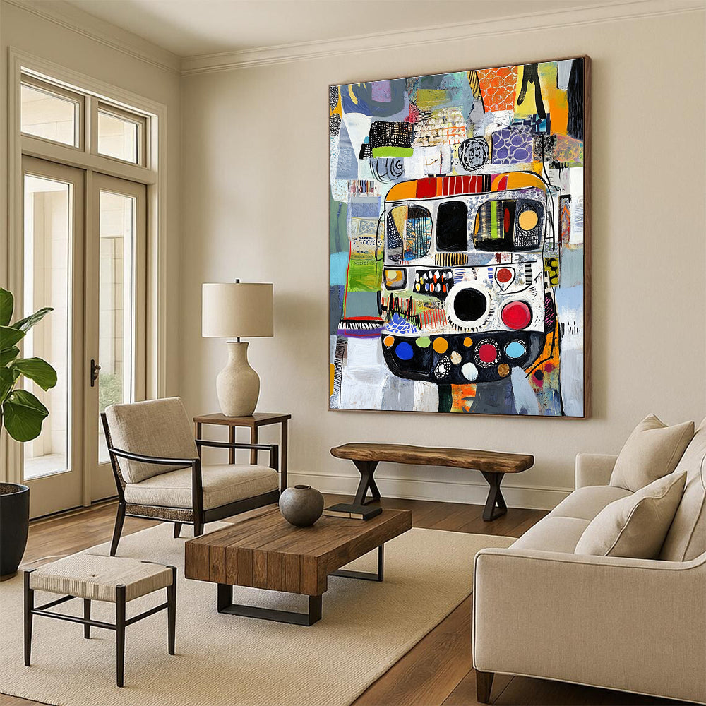Abstract painting with diverse patterns features a bus in a textured collage of black white grey green blue red and orange yellow materials.STSC820