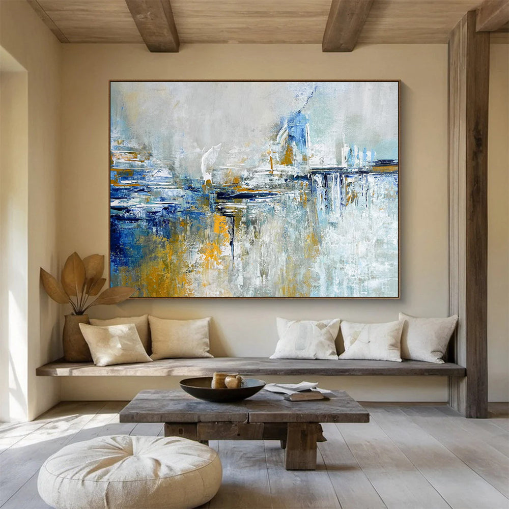 Cityscape Abstract Painting with Blue, Gray, and Gold THY347