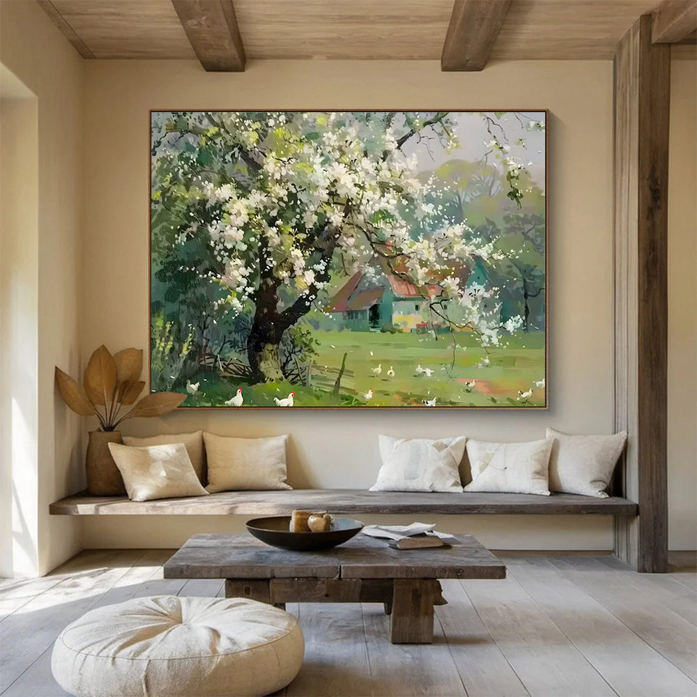 Spring Farmhouse Abstract Painting with White, Green, and Blue Tones THY215
