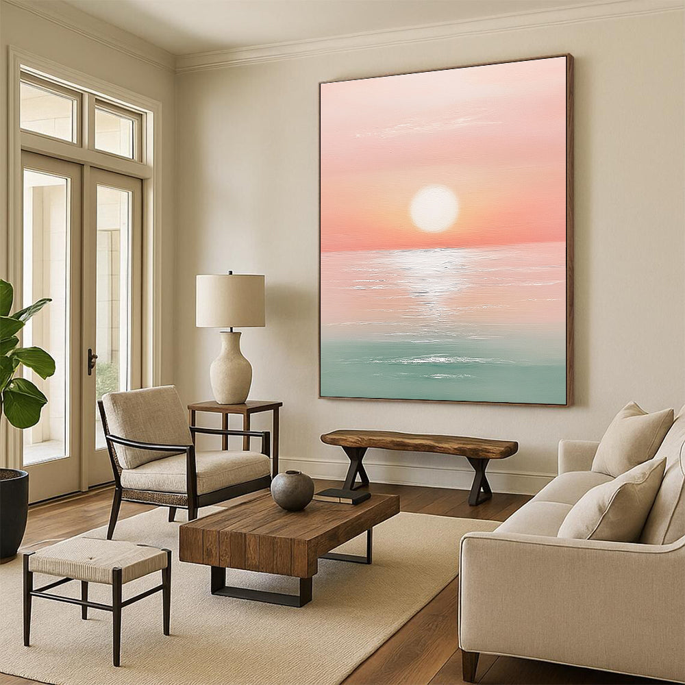 A large abstract painting featuring a sunset over the ocean in pastel pink and mint green with a white sun at the center.STSC1425