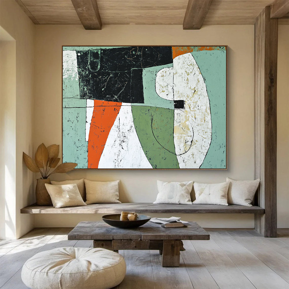 Geometric Forms Abstract Painting with Green Orange and White Tones DYP357