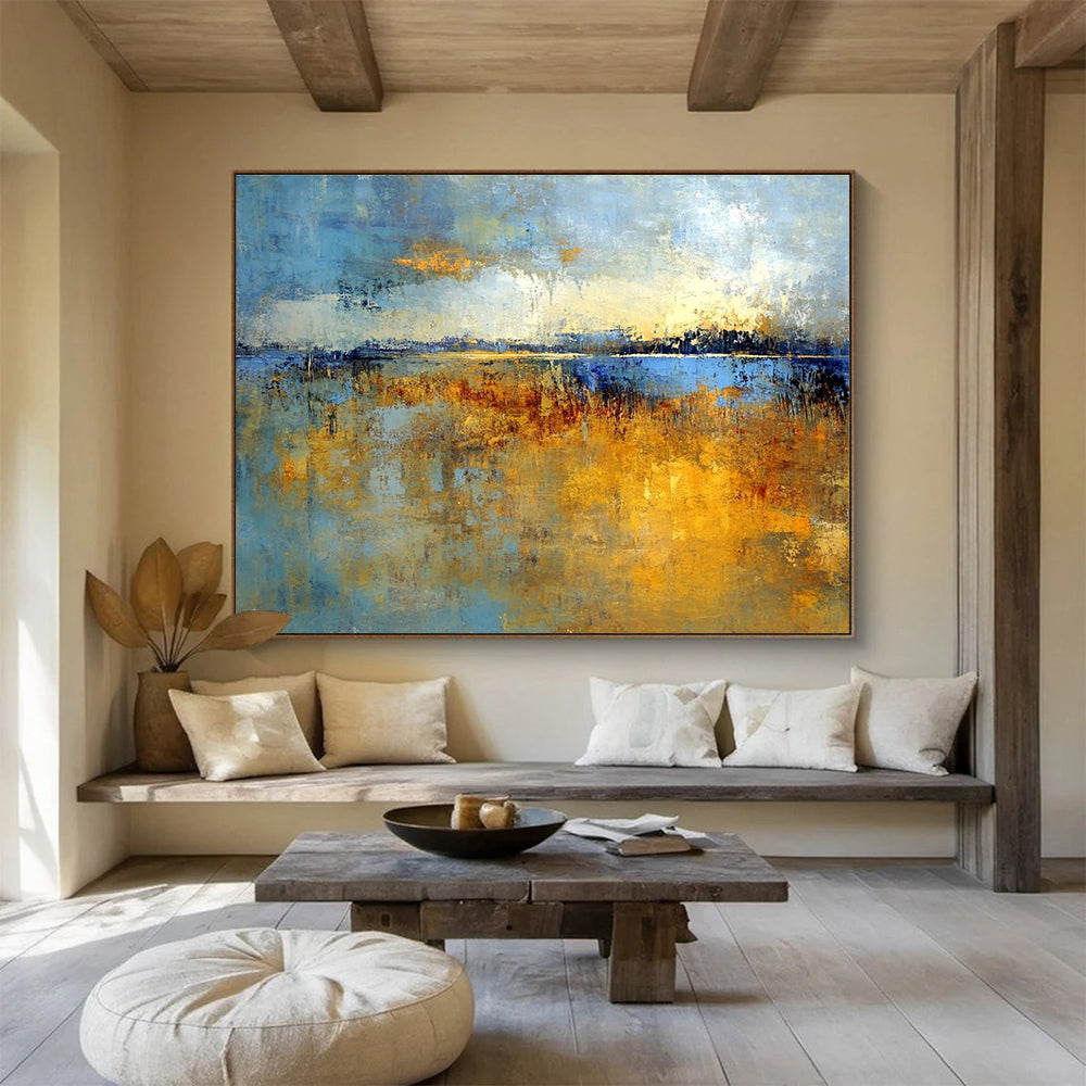 Large abstract painting of marshlands in soft earth tones and blues with gold hints, evoking nostalgia for early mornings in Richard Schmid's style.SC361