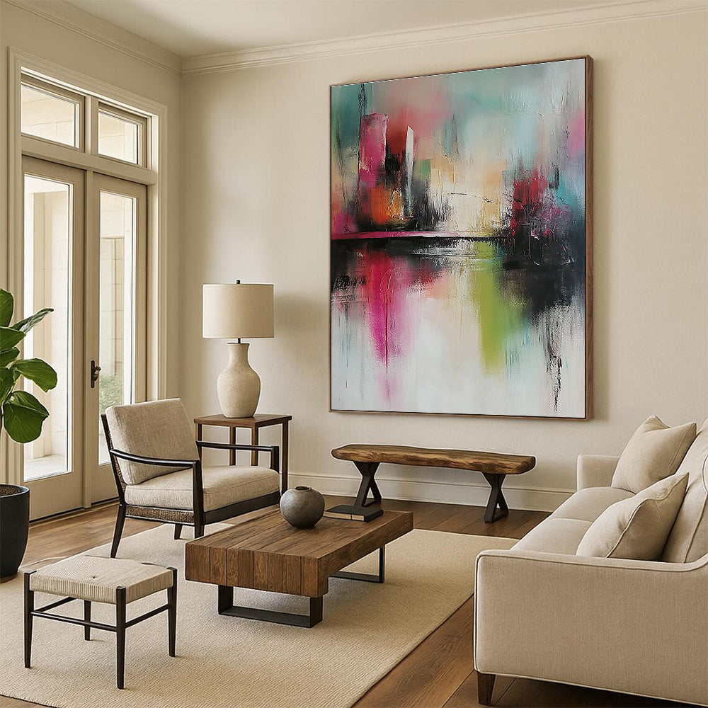 Large abstract painting with soft tones expressive brush strokes and a modern style featuring a city and river background in delicate details.STSC432