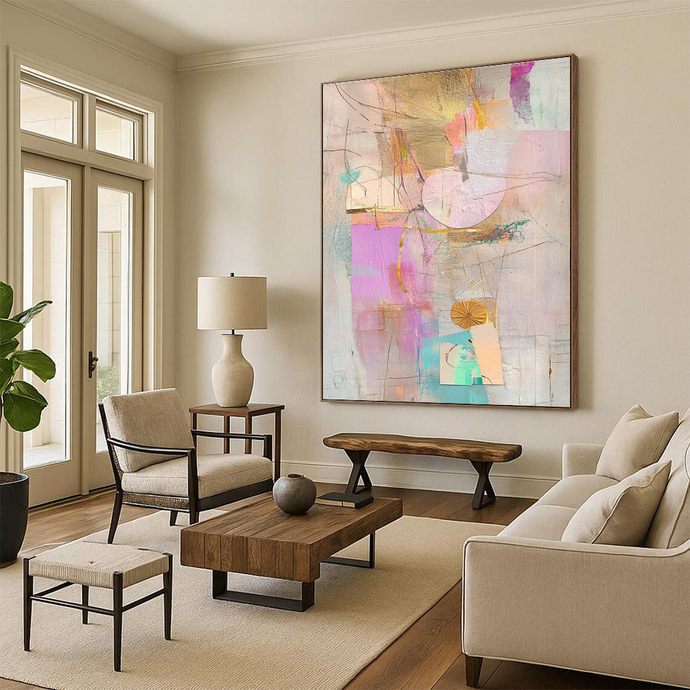 Gold Pink and Teal Pastel Abstract Collage Art GER199