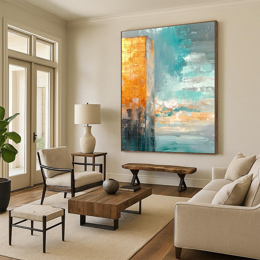 Large abstract painting featuring muted teal and gold tones with a vast sky clouds and calm water creating a serene atmosphere.STSC090