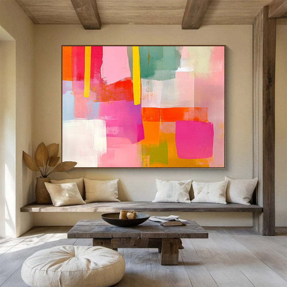 Extraordinarily vibrant abstract painting with soft pink and bright orange shapes complemented by yellow lines in a collage-style composition featuring pink and green hues.SC256