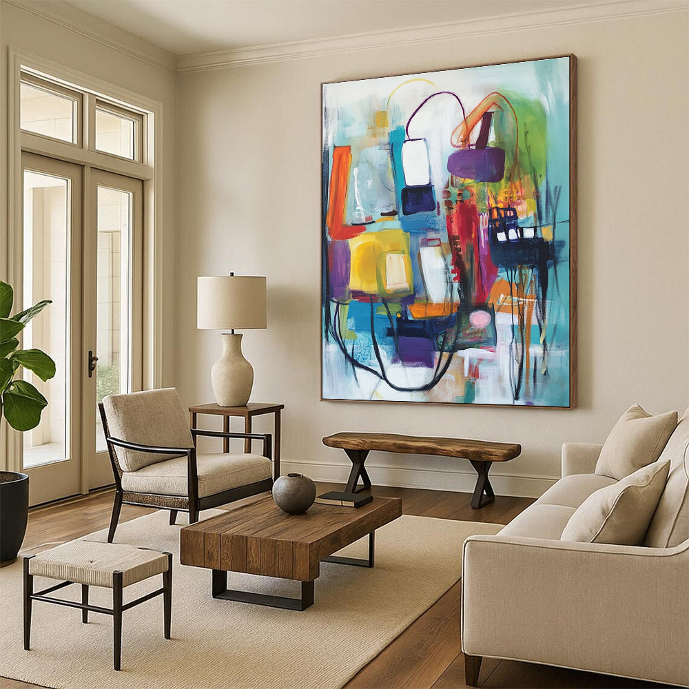 A large abstract painting featuring vibrant shapes and colors, depicting buildings and organic movement, created with expressive oil paint techniques.STSC823