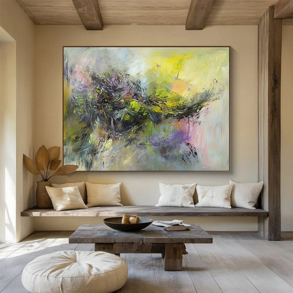 Large abstract painting of a battlefield with thick brush strokes in muted greens yellows pinks and purples depicting movement and chaos.SC305
