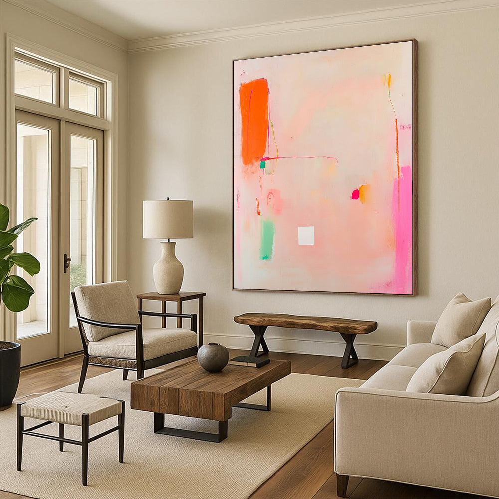 Abstract painting featuring light pink and orange tones with a central white square and soft doodle-like shapes in the corner.STSC770
