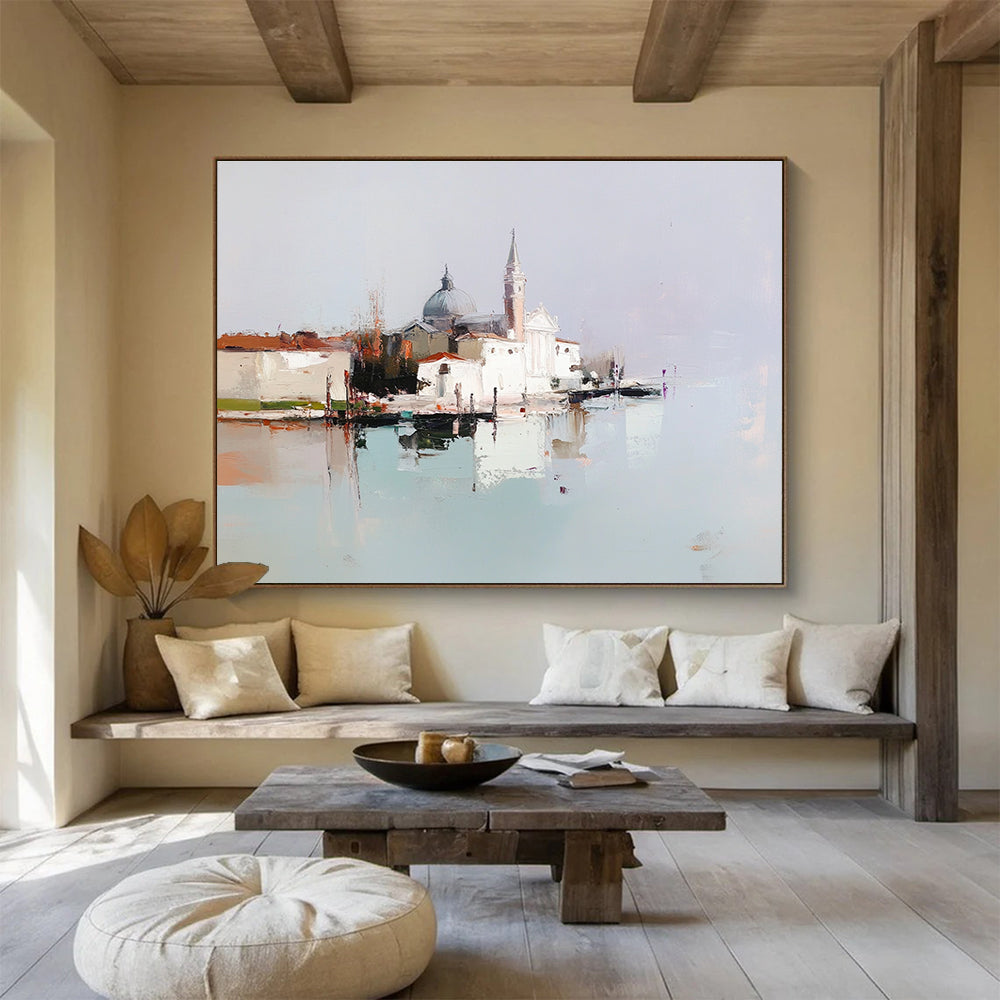 An abstract oil painting featuring a tranquil Venetian island with white buildings, showcasing minimal brush strokes and muted colors in a harmonious composition.SC410