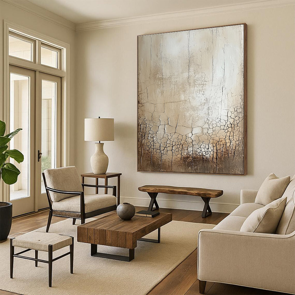 Large abstract painting featuring a blank canvas with a delicate white glaze showcasing random cracks and swirls in beige and gray shades.STSC292