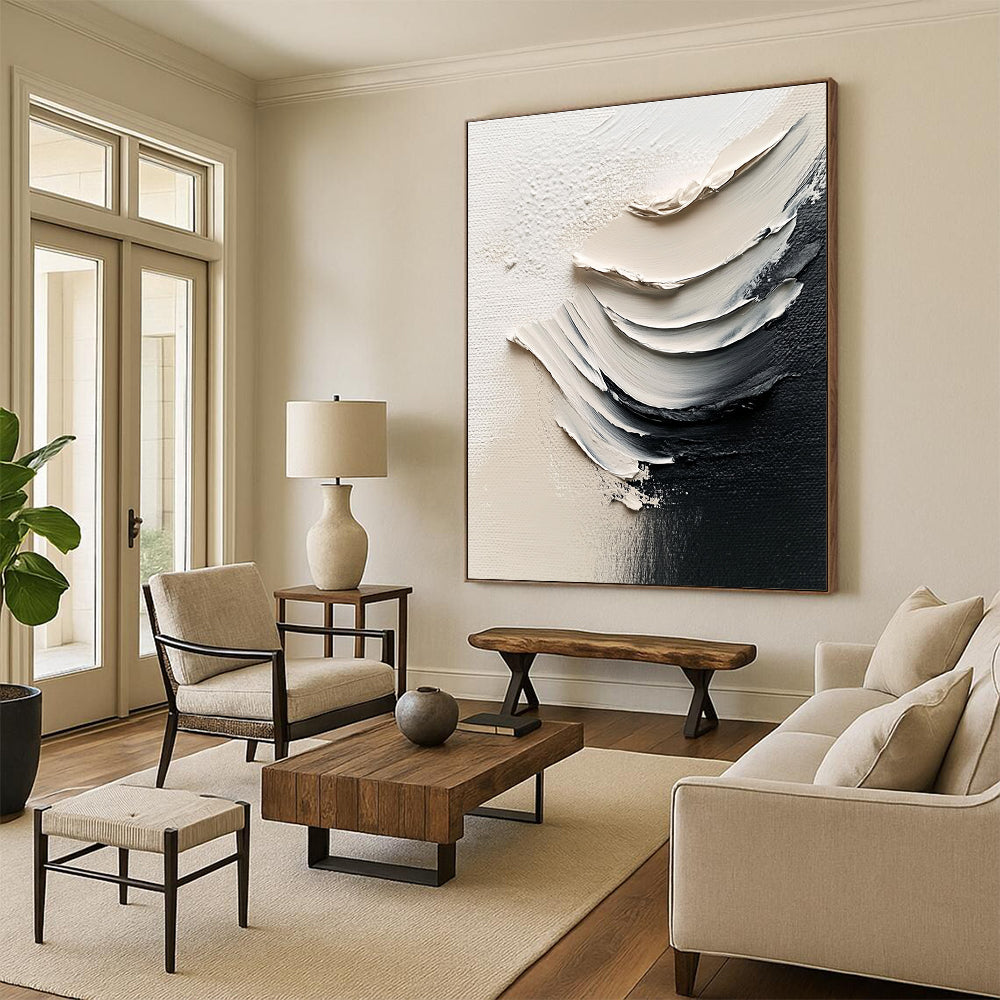 Large abstract painting featuring white paint and black brushstrokes in a minimalist style with delicate details and high-definition photography.STSC1485