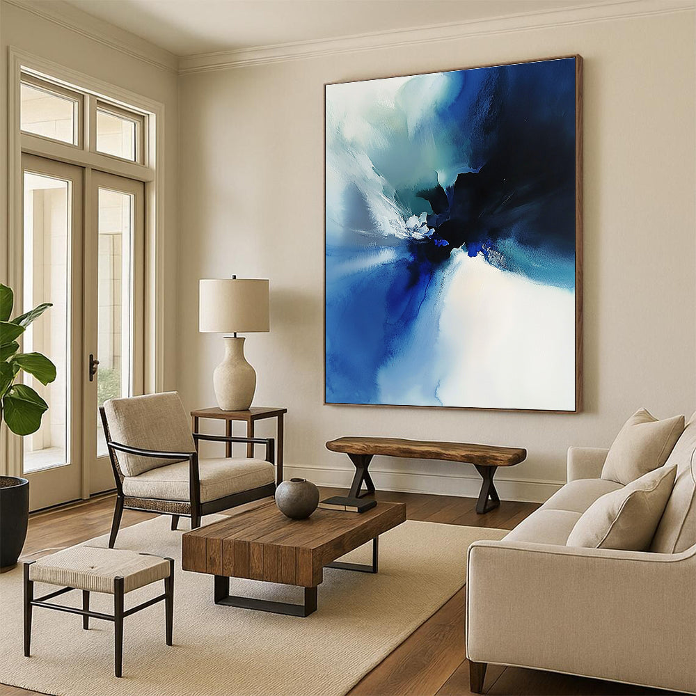 Blue Ink Abstract Painting with Fluid Motion GER389