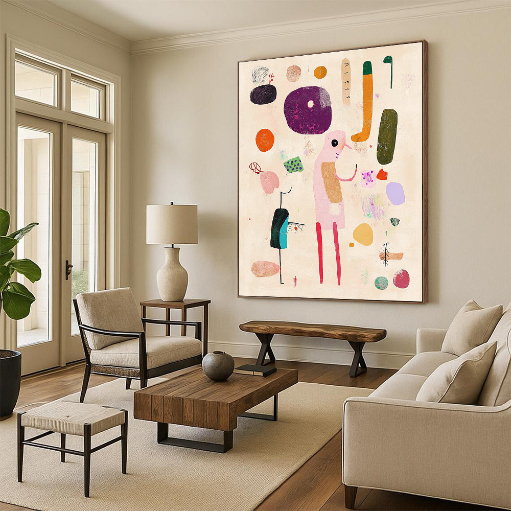 Large abstract artwork featuring hand-drawn shapes and playful lines on a beige background with pink and green accents.STSC1287