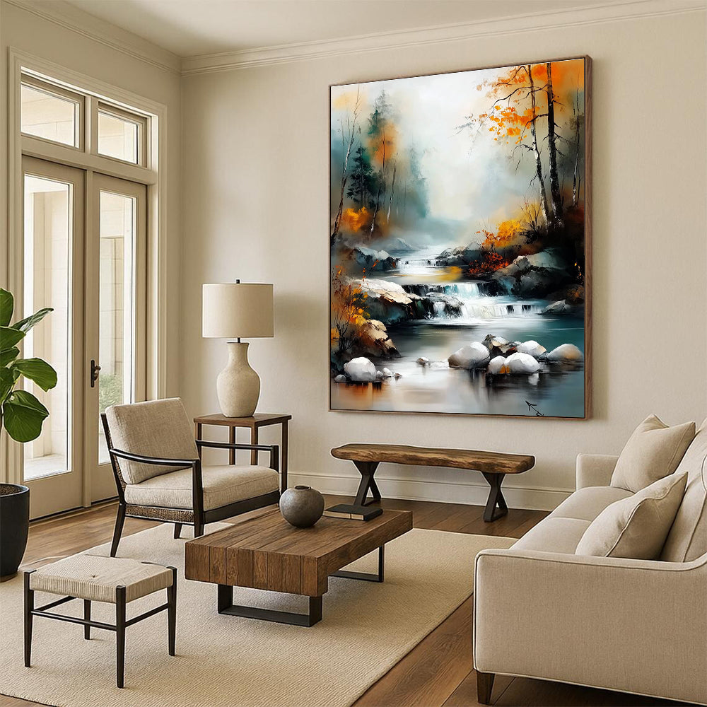 Large abstract painting capturing a river through a valley with autumn trees and vibrant colors in a soft misty style reminiscent of Claude Monet.STSC1165