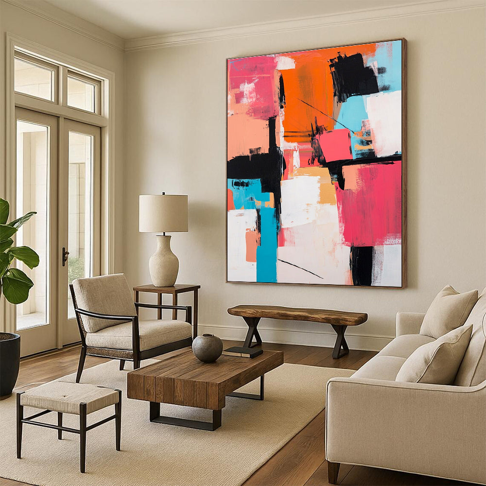 Pink Orange Abstract Painting with Geometric Forms GER714