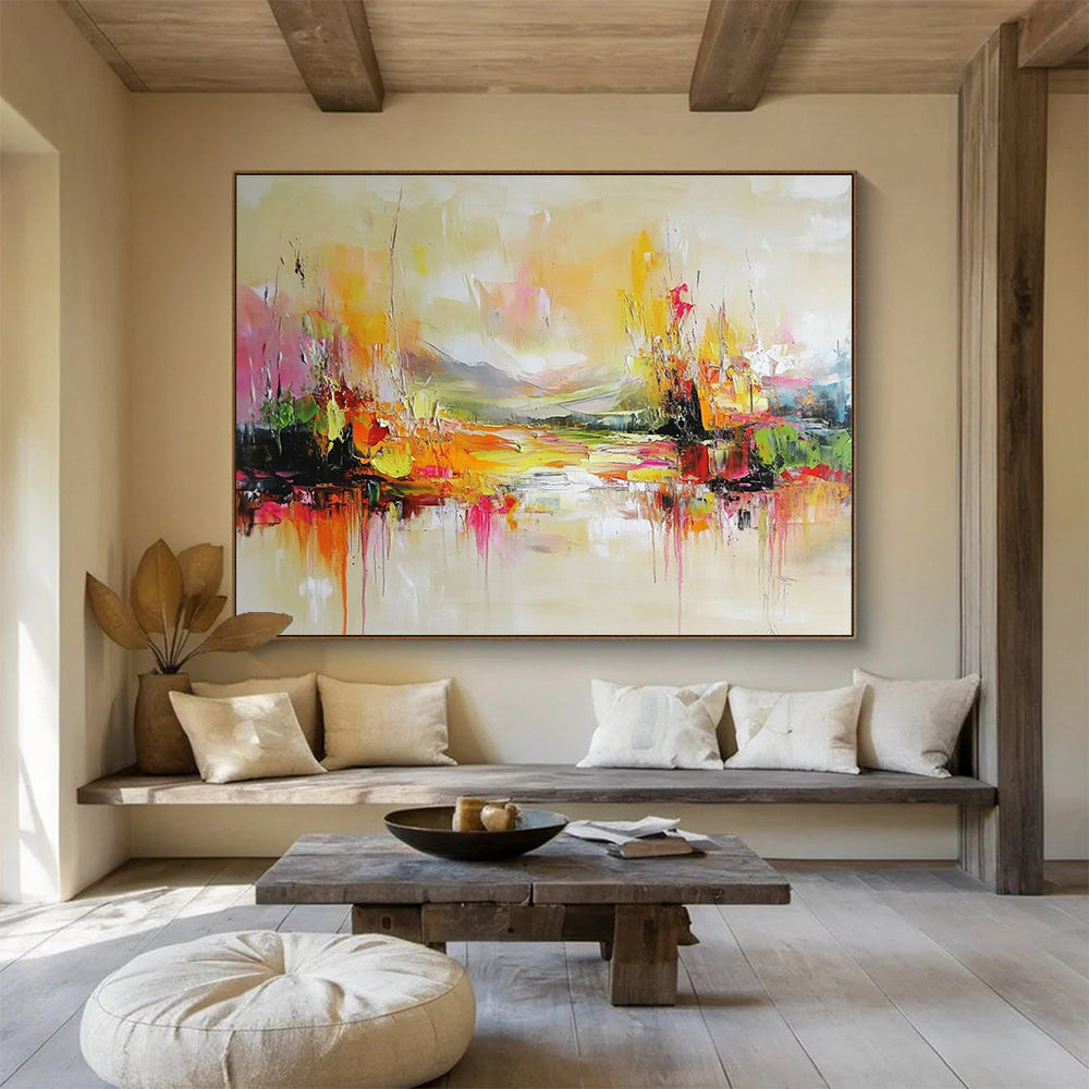 Large abstract painting featuring colorful landscape soft tones and intricate layers creating a dreamy tranquil ambiance that reflects nature.SC138