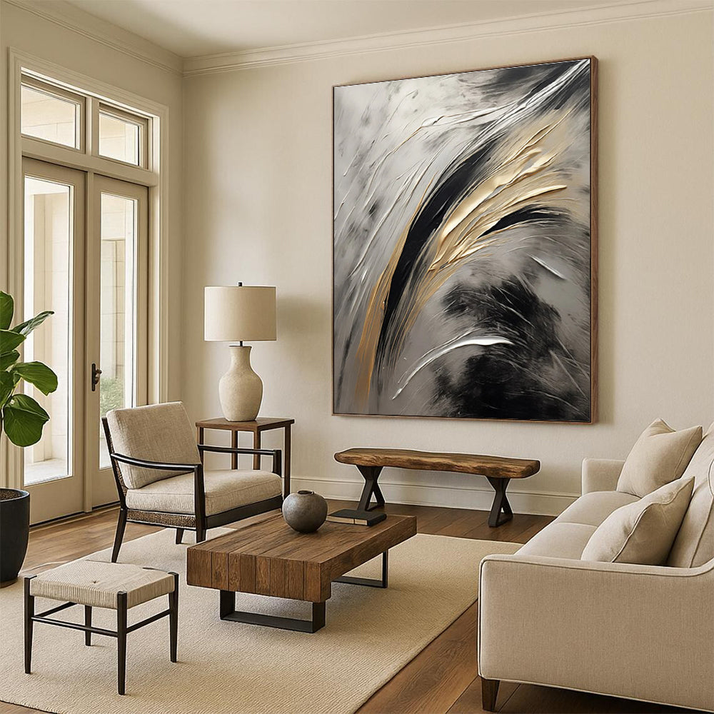 Metallic Textured Abstract Painting with Gold, Silver, and Black ADGE126