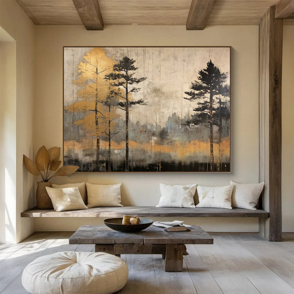 Golden Tree and Neutral Toned Forest Abstract Painting THY105
