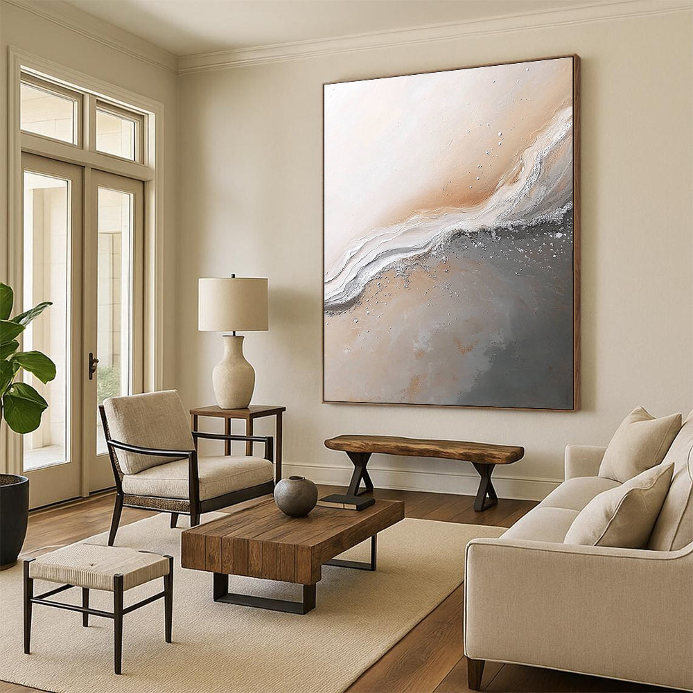 Large abstract painting of Jupiter's surface in gray beige and white with silver details evoking a calm serene atmosphere.STSC014