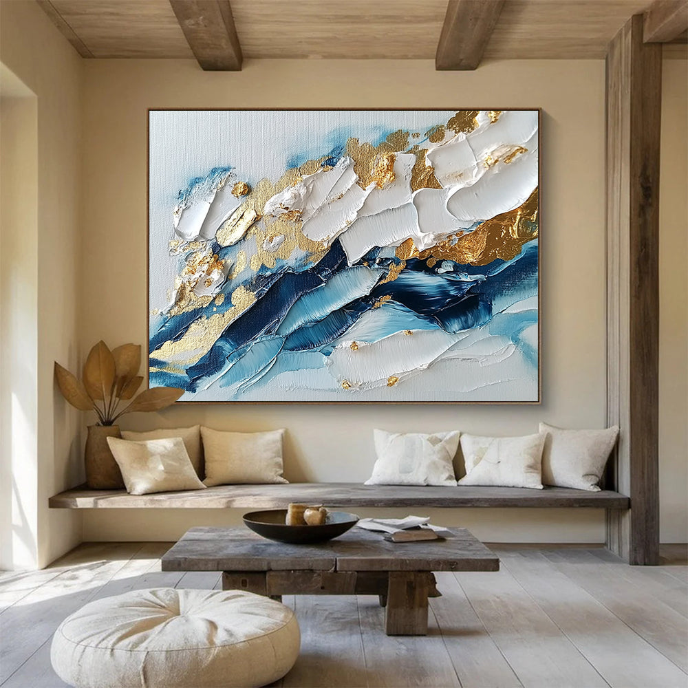 Blue White Gold Textured Abstract Painting with Thick Brushstrokes DYP260