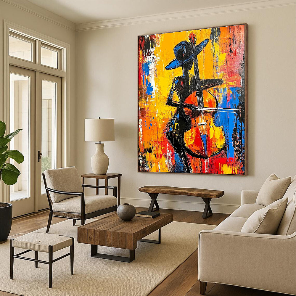 Large Abstract Painting Featuring A Woman In Black With A Hat Playing Cello In Vibrant Red Yellow Blue And Orange Tones Inspired By Anna Bocek.STSC1261