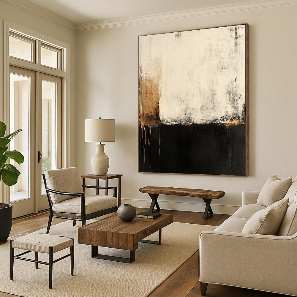 Large abstract painting of a serene old wall with peeling paint and rusted accents in soft muted tones of black gray and gold.STSC606