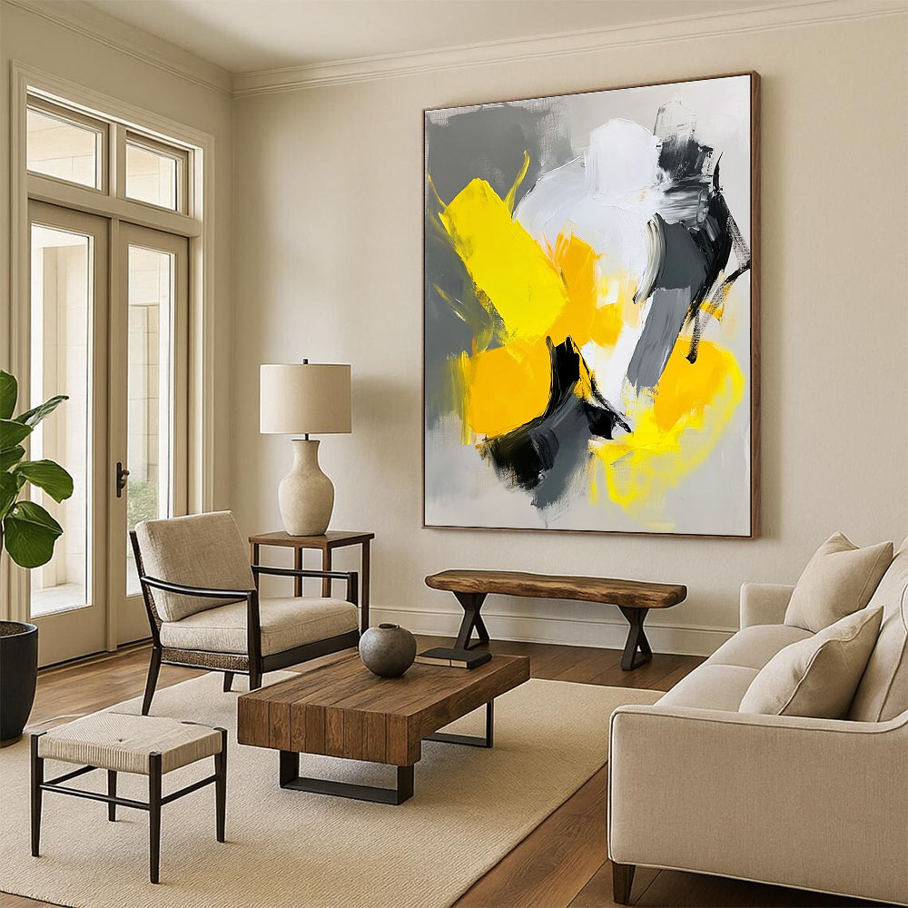 Yellow Gray Black Abstract Painting with Energetic Compositions GER809