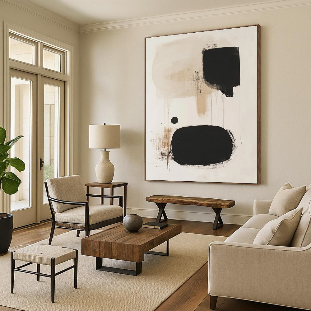 Black and Beige Drip Abstract Painting with Spontaneous Forms GER173
