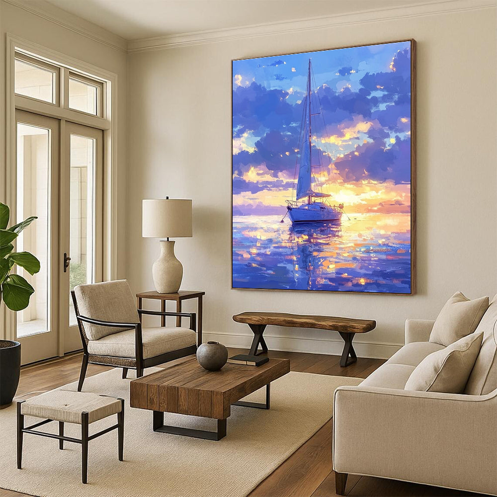 A large abstract painting featuring a sailboat on a dreamy sea under a soft blue sky with glowing water reflections and ethereal colors.STSC1170