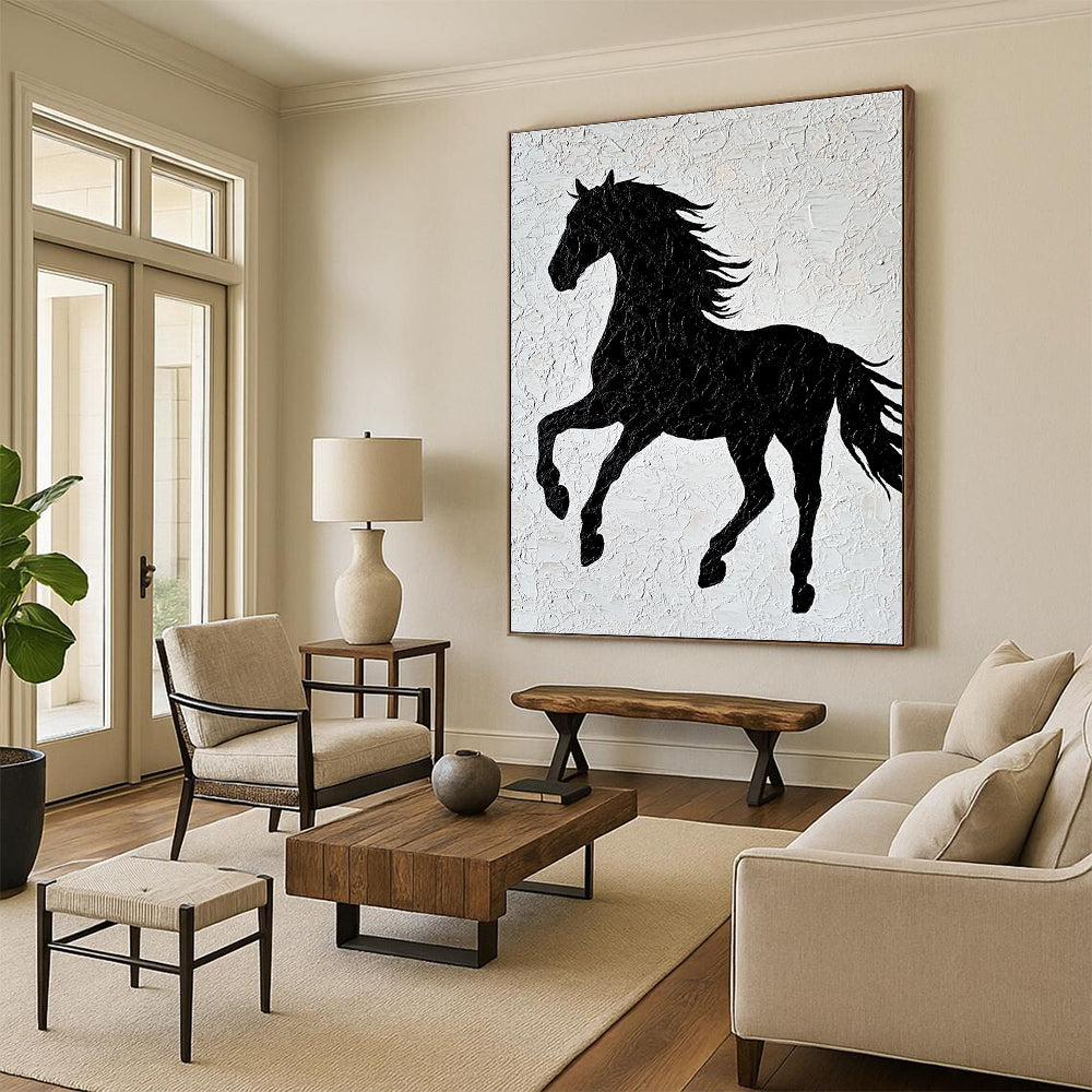 A large abstract artwork featuring a black horse silhouette on textured white paper with elegant lines and a minimalist design capturing graceful movement.STSC917
