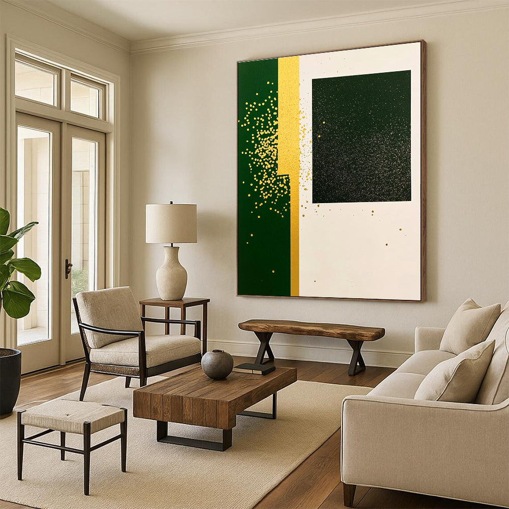 A large abstract painting featuring green rectangular paper with yellow speckles and gold glitter in a minimalistic collage style with simple shapes.STSC1011