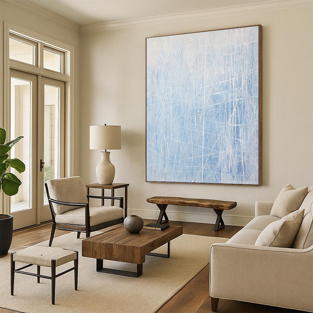 Large abstract painting featuring light blue and white lines resembling an icy landscape with vertical lines and scattered ice formations.STSC317