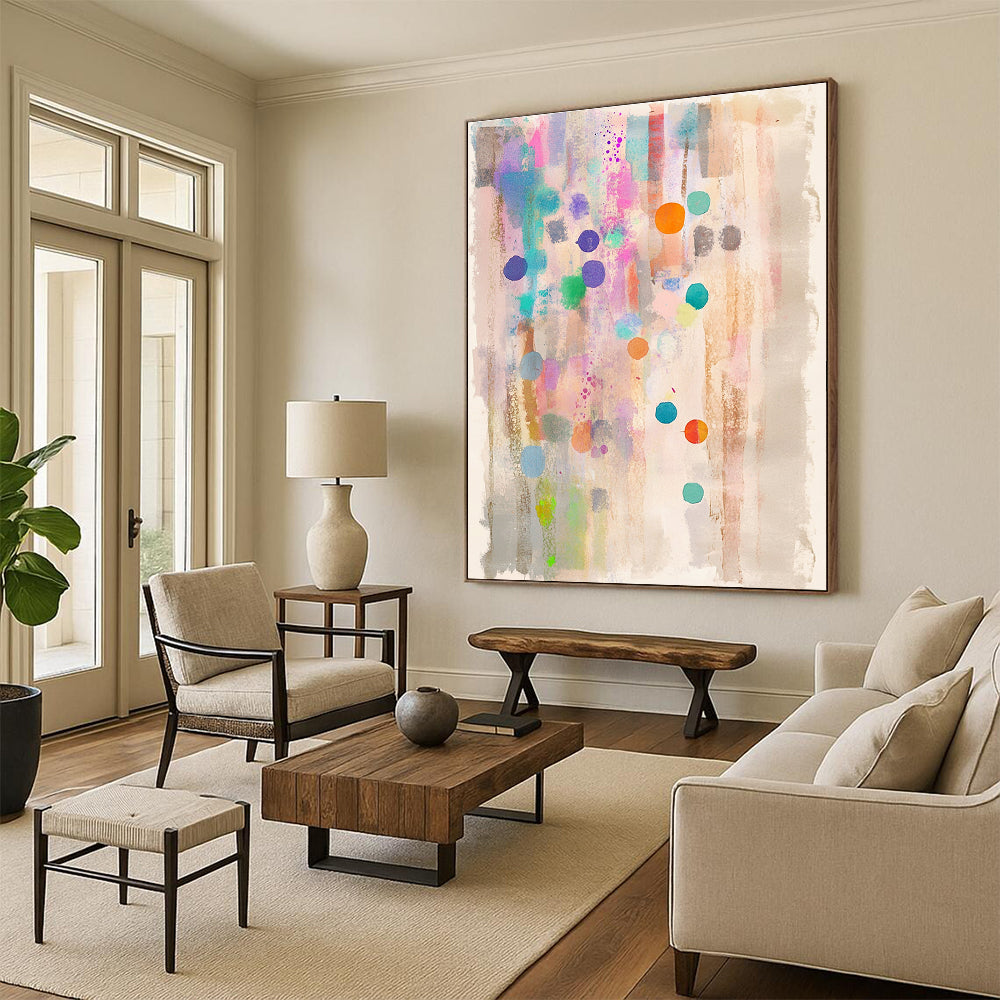 A dreamy watercolor abstract painting with pastel colors dots and stripes on light beige paper featuring a clean white border.STSC988