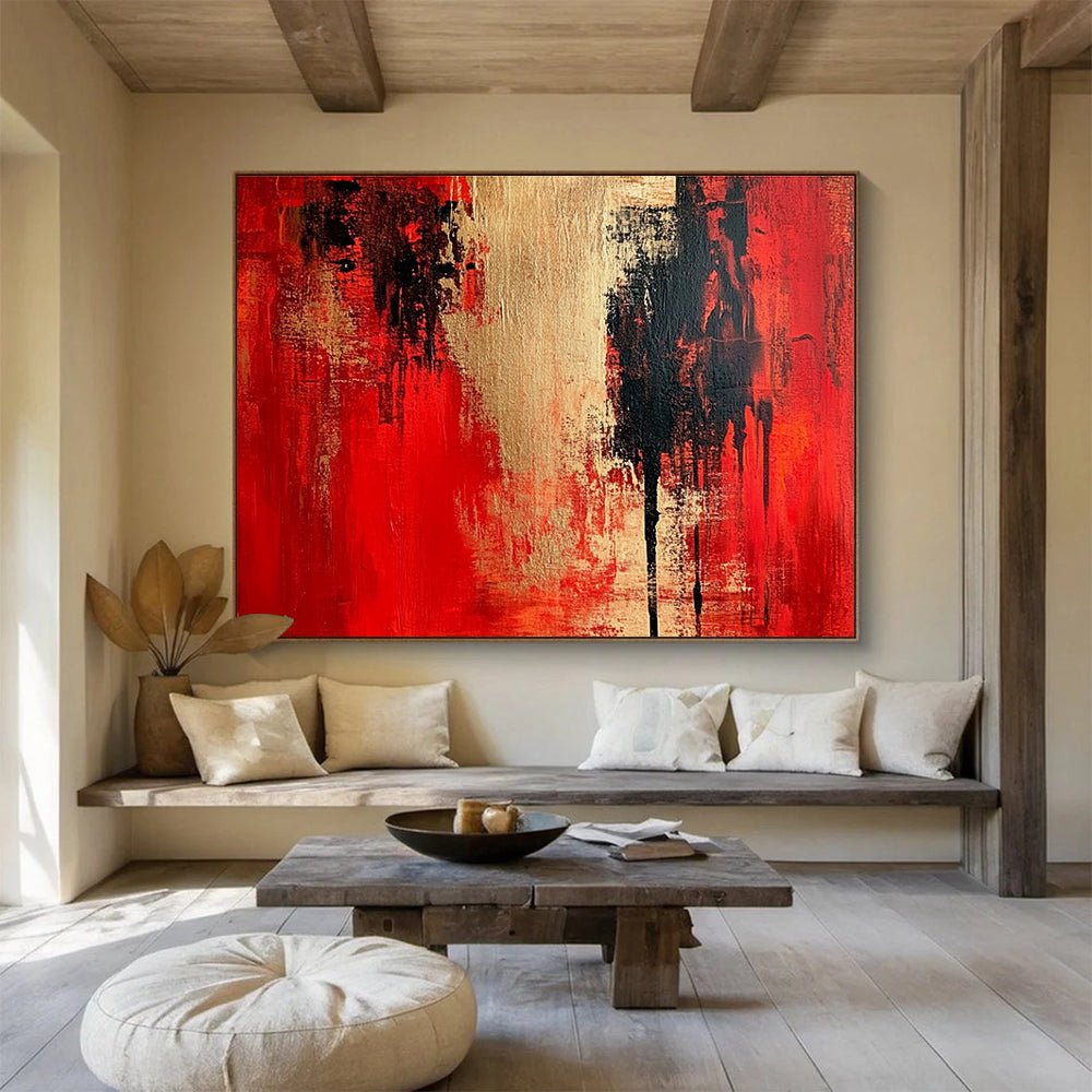 Large abstract painting featuring textured red and beige, vintage oil color palette, high resolution, detailed, and high contrast art inspired by Carolee Schneemann.SC272