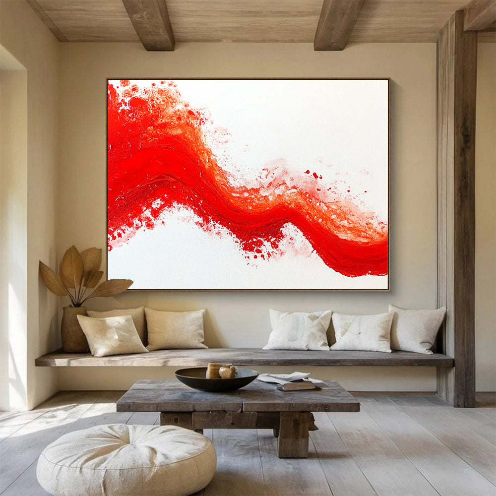 Red Wave on White Background Abstract Painting with Textured Brushstrokes DYP200