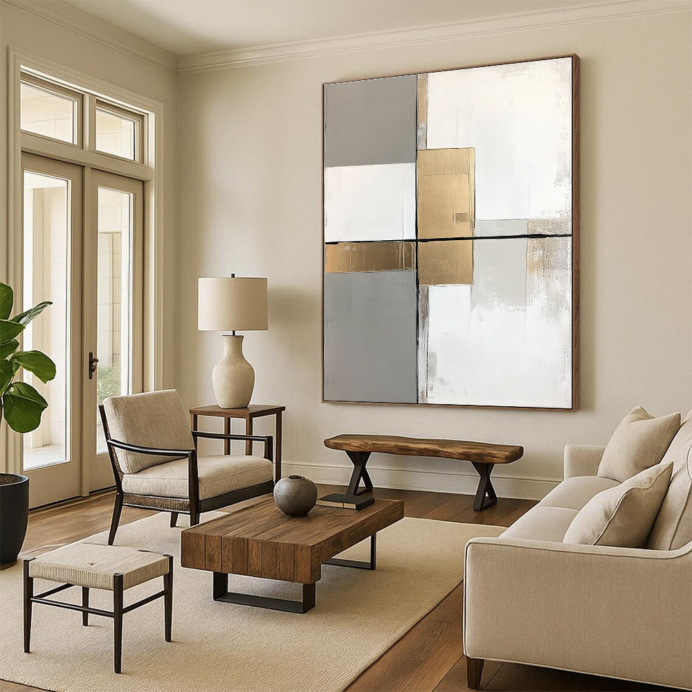 Gray Gold and White Abstract Painting with Minimalist Geometry GER649