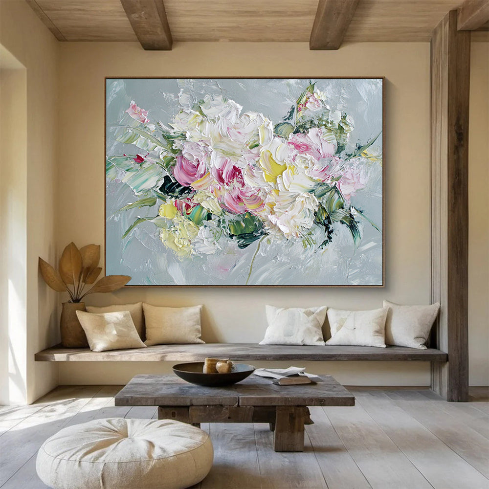 Textured Flower Bouquet Abstract Painting with Pink White and Green DYP284
