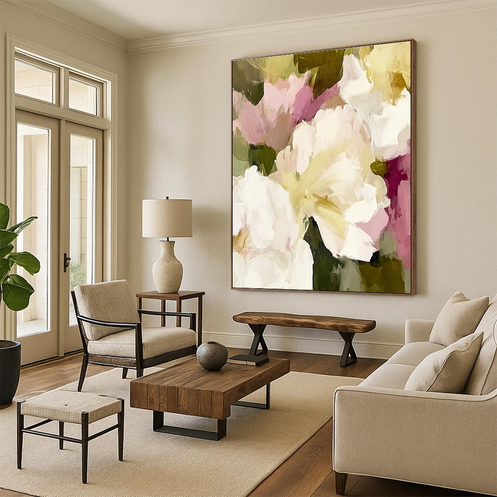Large abstract painting featuring soft pinks whites and cream colors with loose brushstrokes of white peonies cream roses and sage green foliage.STSC055