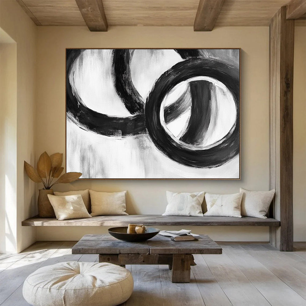 Large abstract painting featuring intertwined rings with simple shapes soft edges and fluid lines on a neutral background.SC013