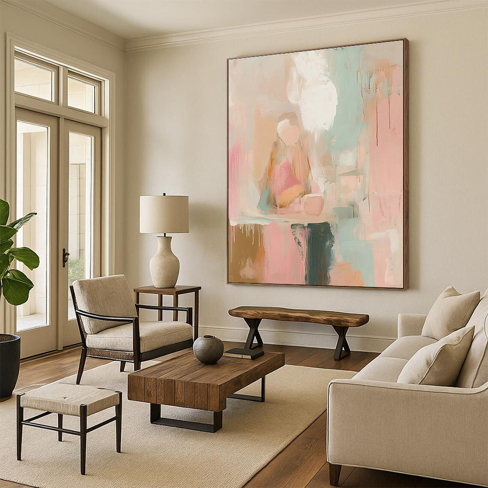Abstract painting in soft pinks whites and sage green with loose brush strokes and vintage graffiti text evoking dreamy nostalgia and serene calmness.STSC805